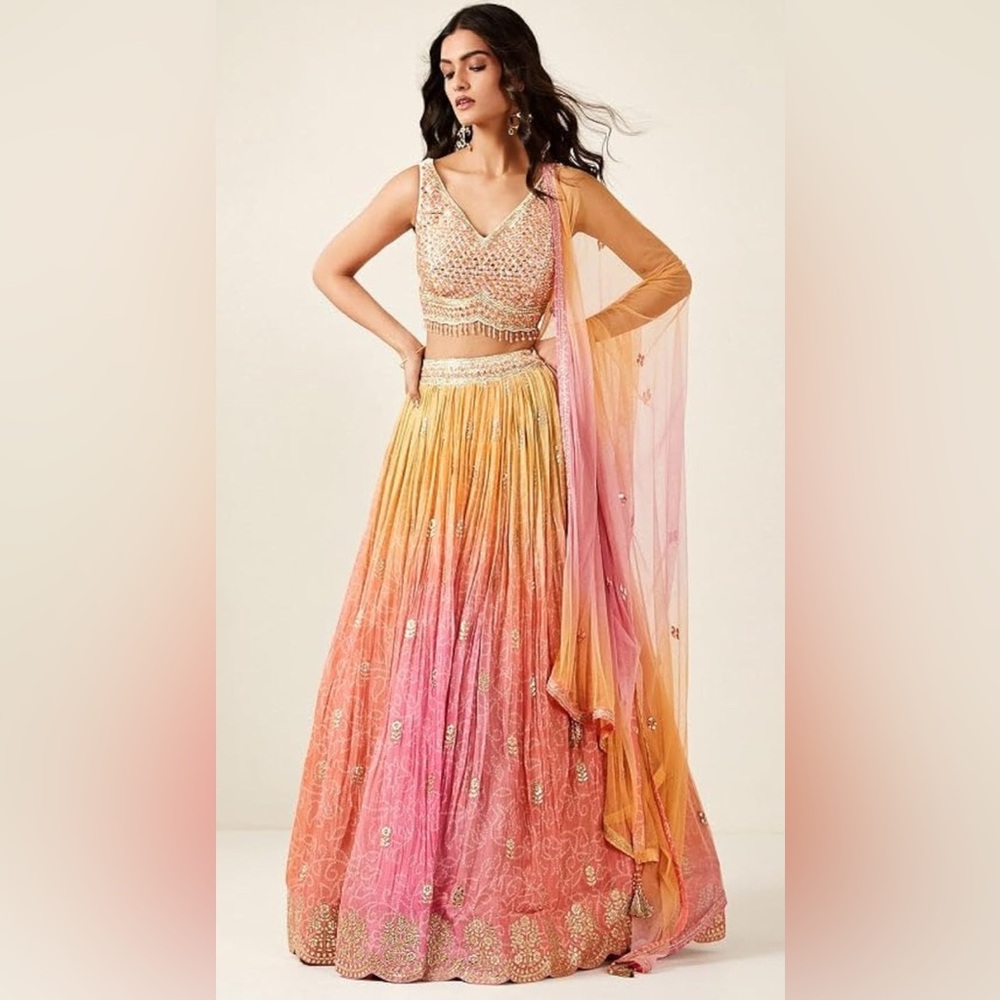 Vibrant Pink and Orange Lehenga with Embellishments